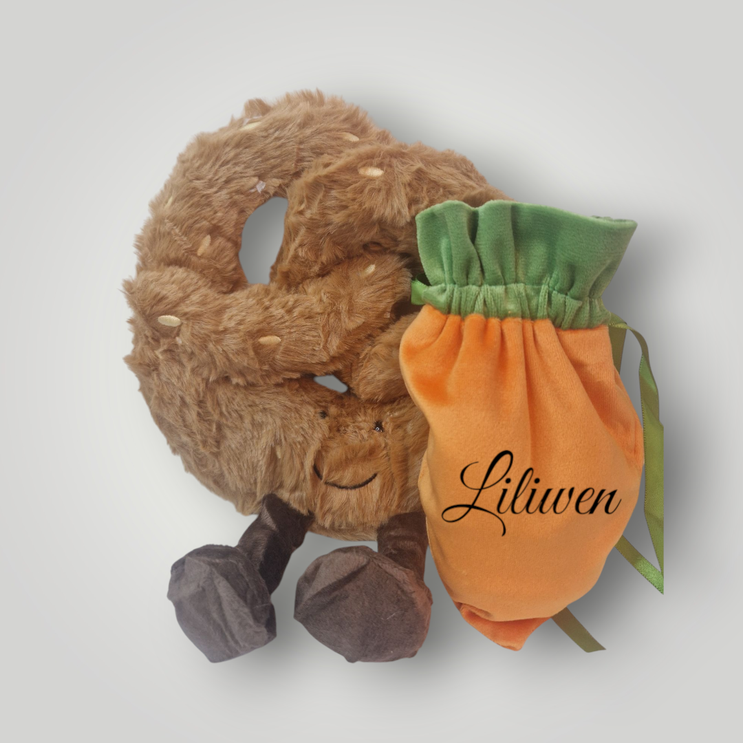 Soft Plushy pretzel with personalised carrot treat bag