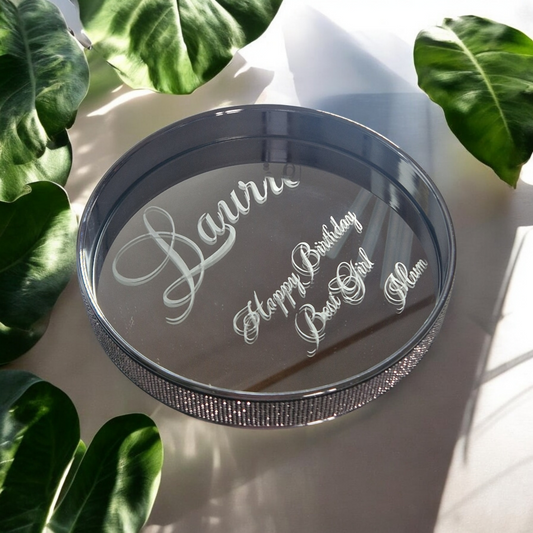 Diamante mirror glass tray with feet