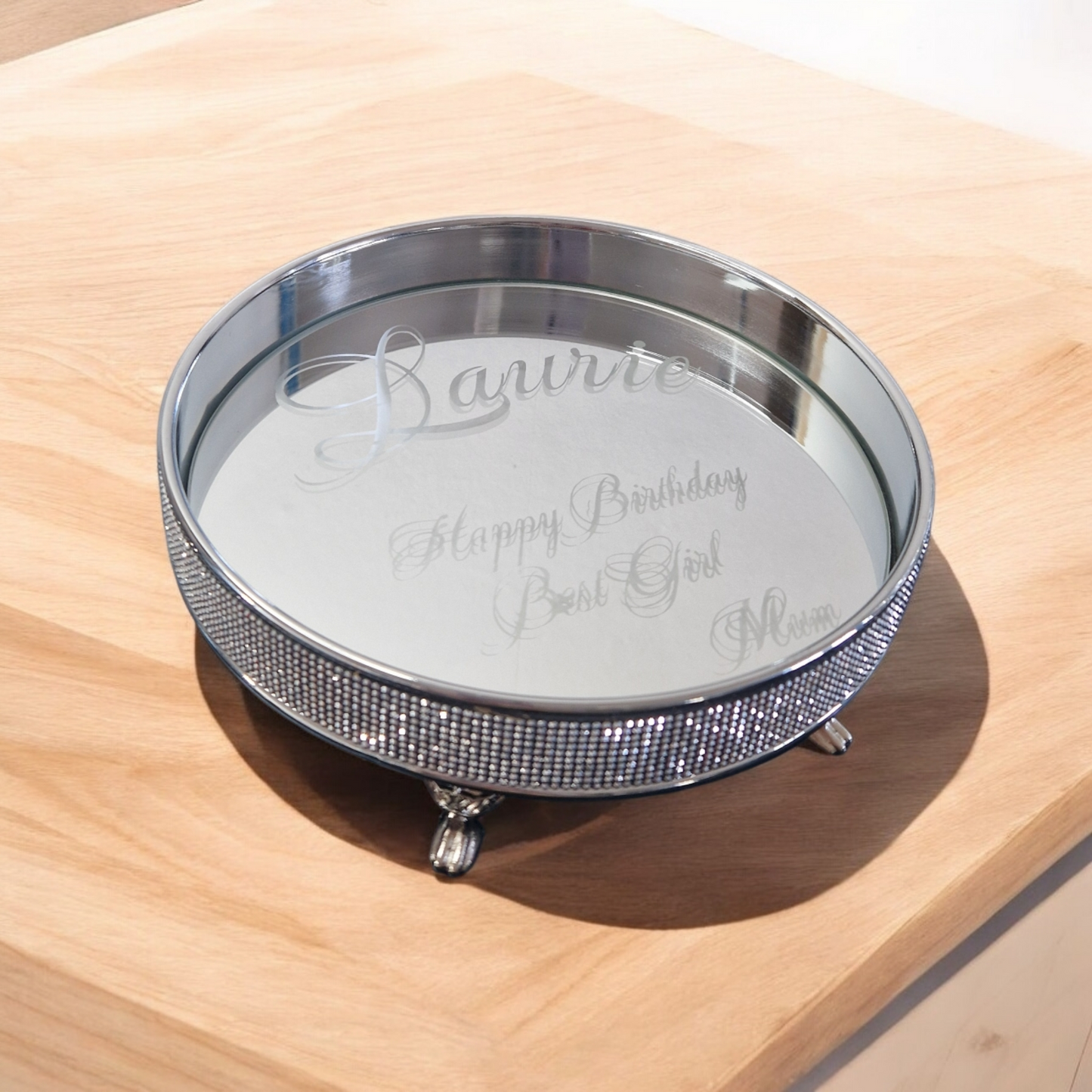Diamante mirror glass tray with feet