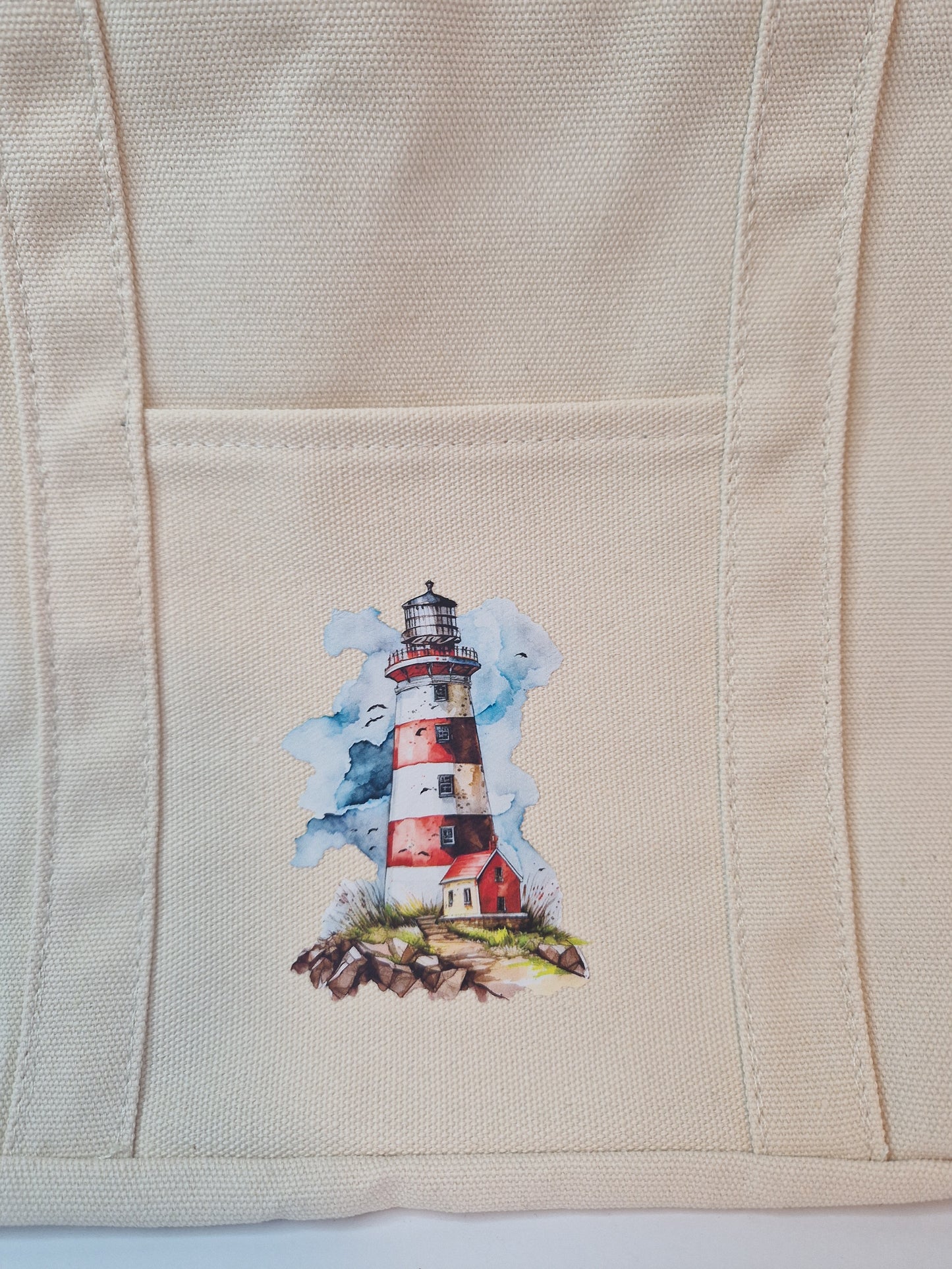 Lighthouse canvas tote bag with zip and front pocket