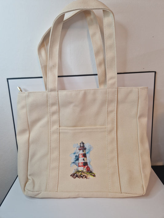 Lighthouse canvas tote bag with zip and front pocket