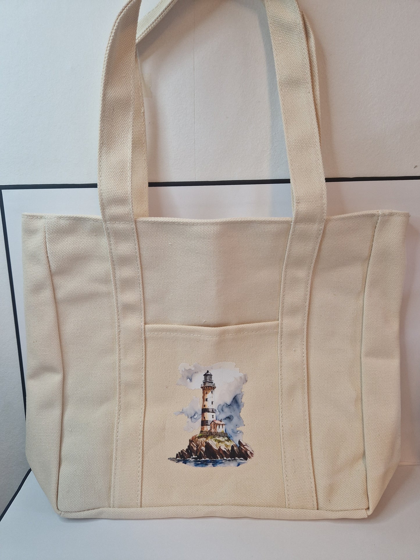 Lighthouse canvas tote bag with zip and front pocket