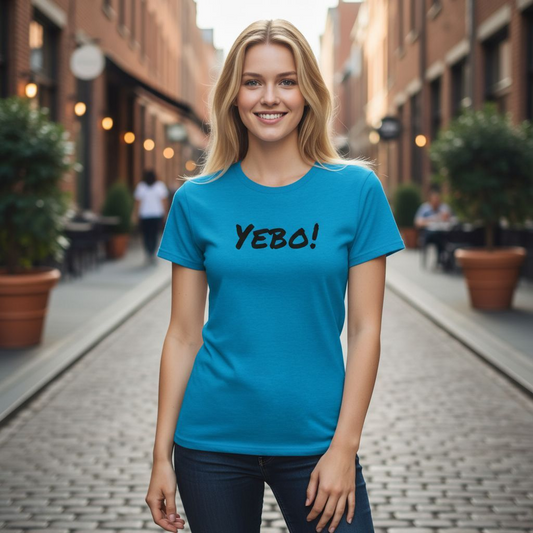 Woman wearing a blue t-shirt with 'YEBO!' on it, standing in an urban street setting.