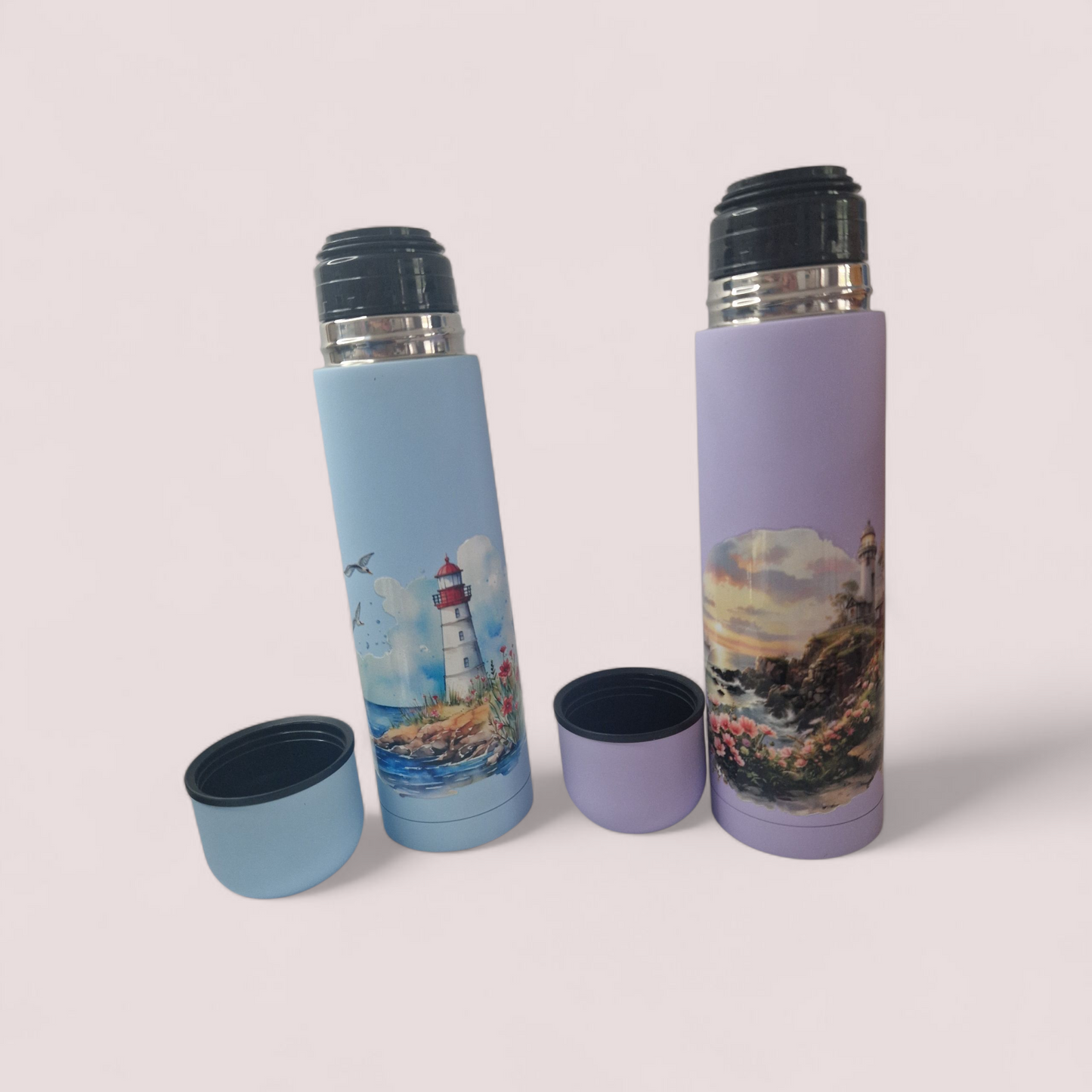 Soft pastel lighthouse thermos flask