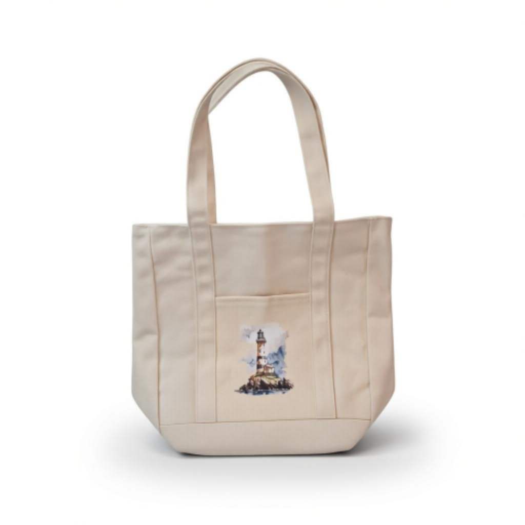 Lighthouse canvas tote bag with zip and front pocket