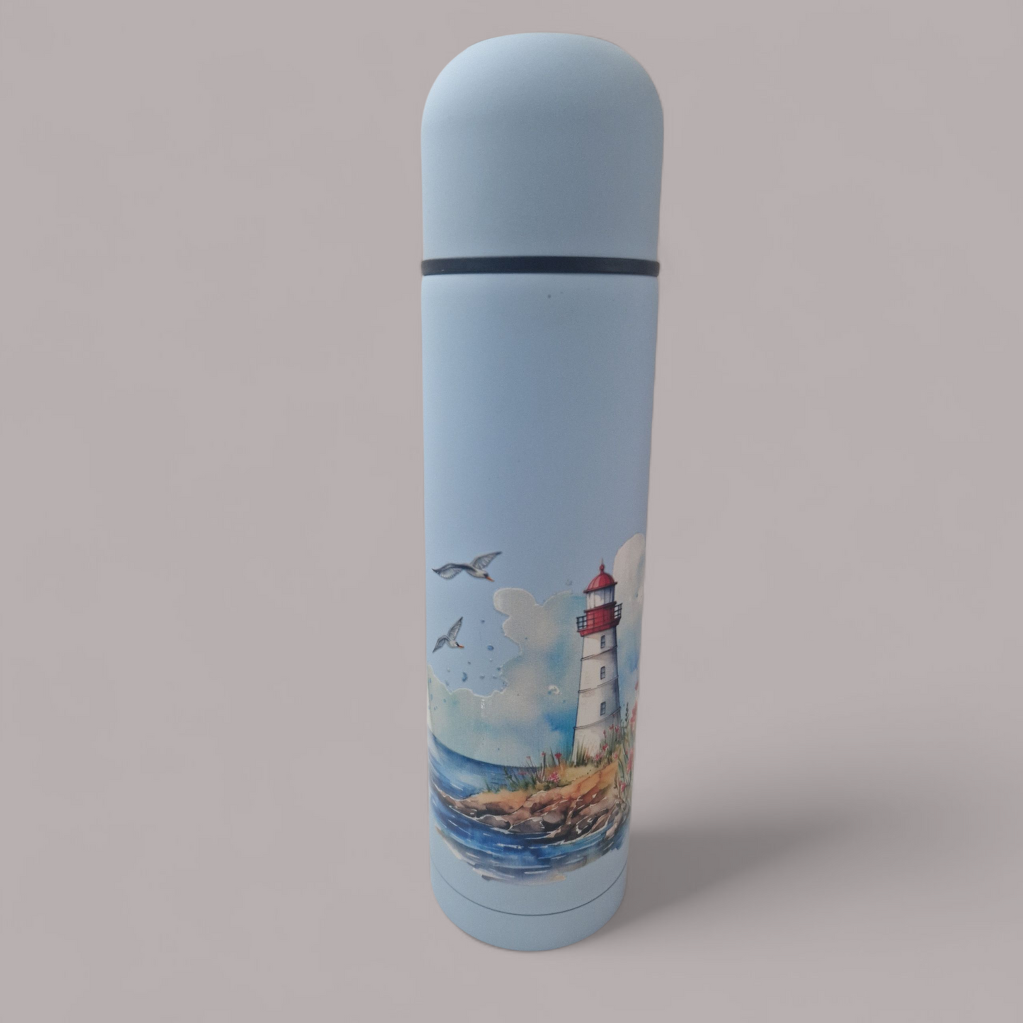 Soft pastel lighthouse thermos flask