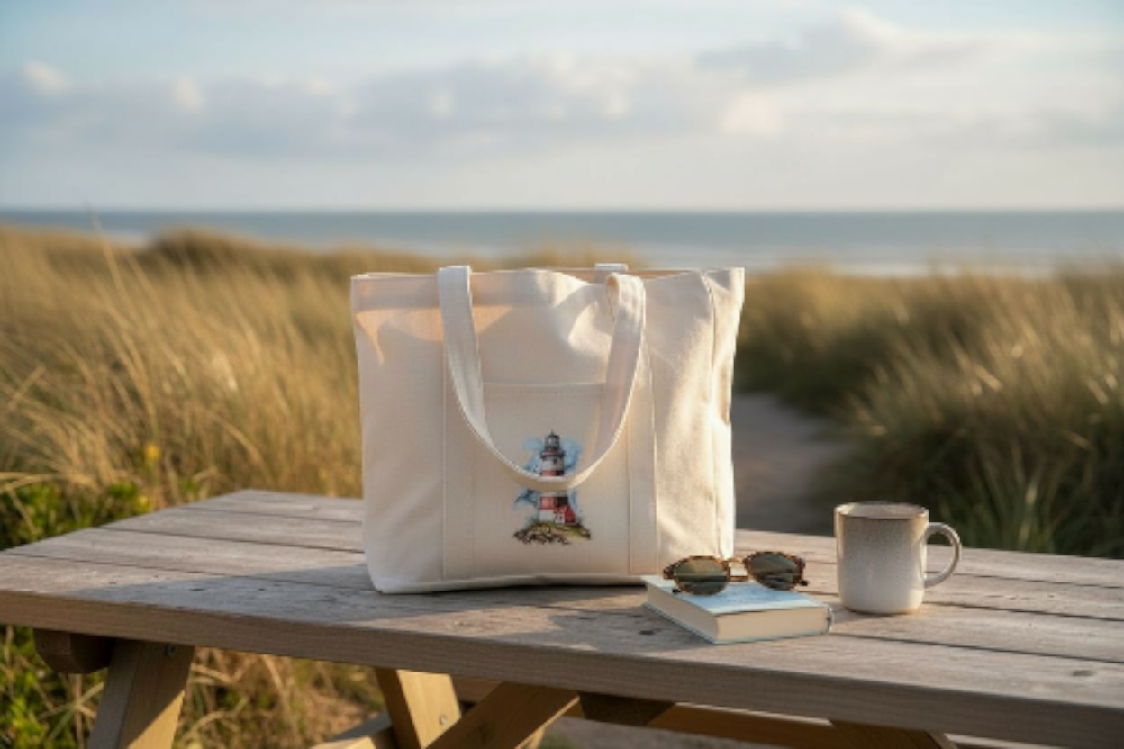 Lighthouse canvas tote bag with zip and front pocket