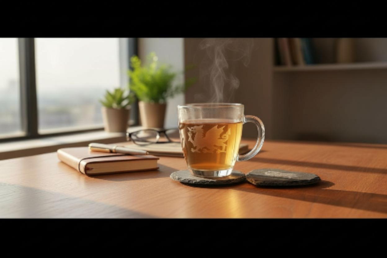 Welsh glass coffee mug and slate coaster gift box
