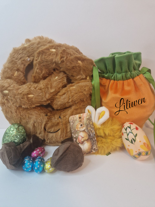 Soft Plushy pretzel with personalised carrot treat bag