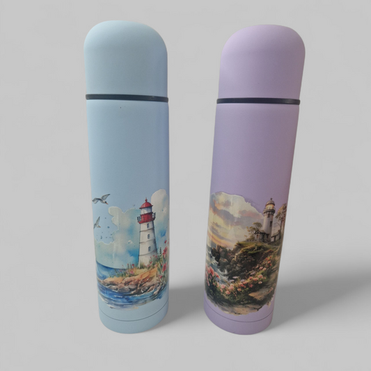 Soft pastel lighthouse thermos flask