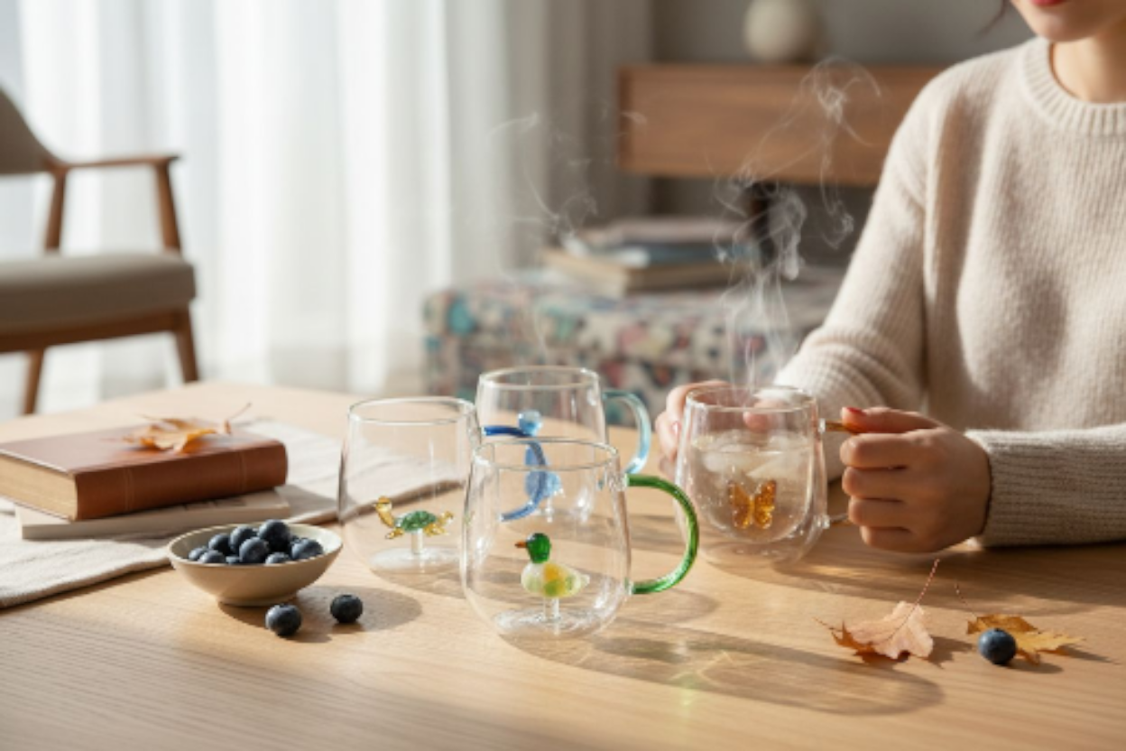 Glass coffee mugs with glass animals inside
